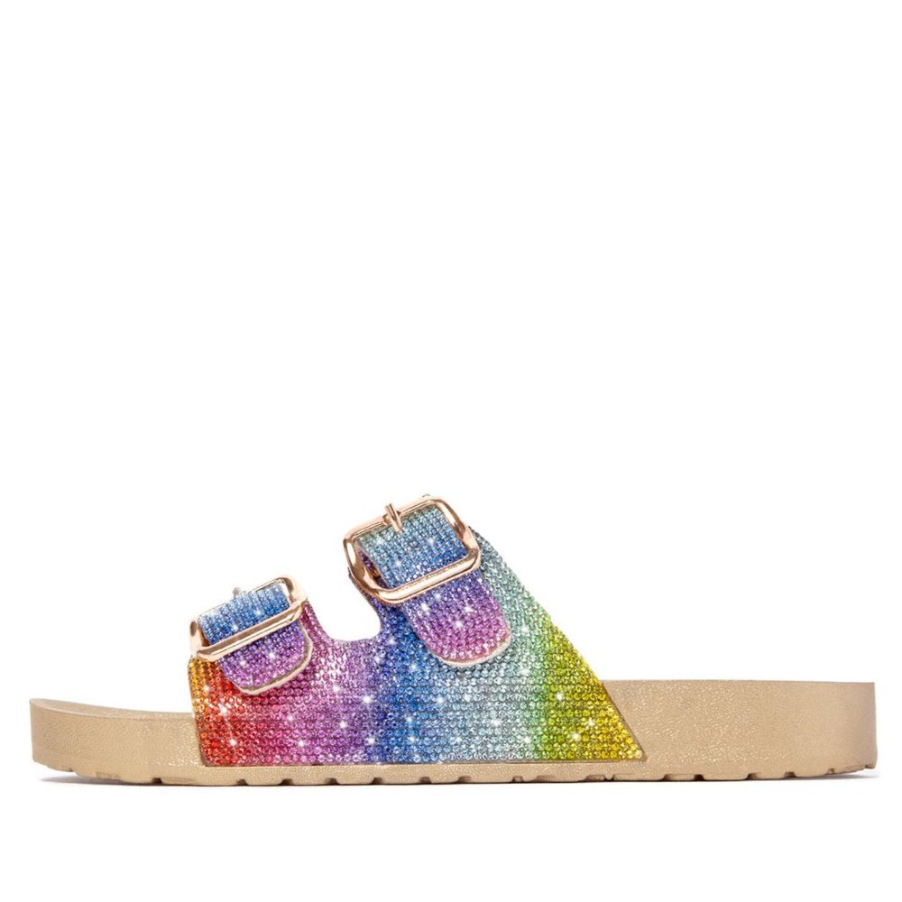 NEWπ₯ Comfy Bling Rainbow Rhinestone Buckle Slide Flat Sandals Open Toe Size 10 - Picture 3 of 6